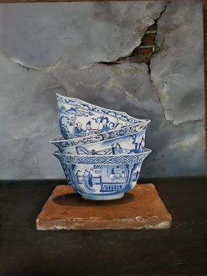 Drie Chinese schaaltjes ~ 30x40 cm ~ Olieverf op paneel