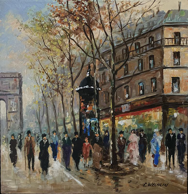 Ludwig Wechlin, Paris Champs-Elysee, Oel auf Holz, 33x33cm, 1958