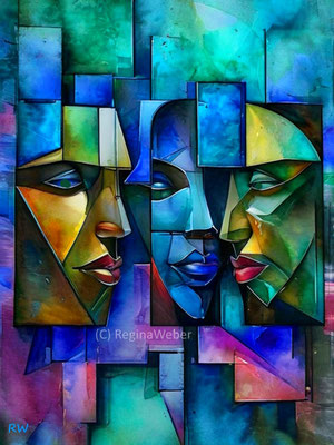 In this painting in surreal, cubism style the thoughts of the three seem to be more serious