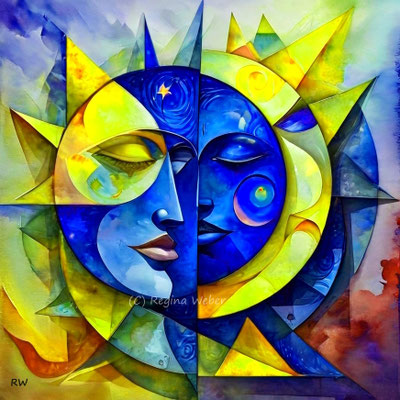 In reality sun and moon never meet, however here they do and seem to be very happy. A perfect painting for your bedroom.