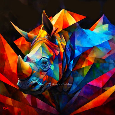 Can you feel rhino's power? Perhaps you can get some strength from him. - cubism style in vibrant colours