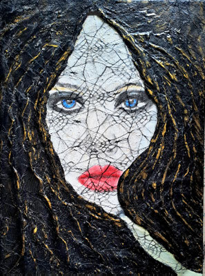 a beauty with long black hair made from structure paste, acrylics and covered by lace fabric on canvas