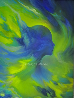 figurative expressionism - thoughts floating at high speed through her mind