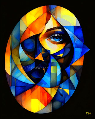 cubism in vibrant colours evoking mystery- Can you see me? I am curious and risk a look