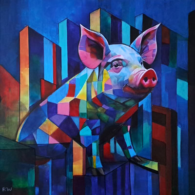 This pig is smiling, because it will not end in a slaughter house, but on your wall - cubism style in vibrant colours