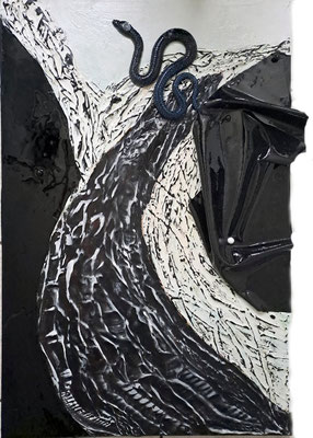 an abstract, three dimensional painting, made of structure paste, patent-look fabric, and a shimmering snake out of expoxy raisin