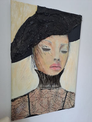 a woman dressed in the style of the early part of the last century - acrylics, lace fabric and epoxy raisin