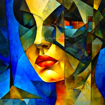 a perfect female face painted in the typical cubism style 
