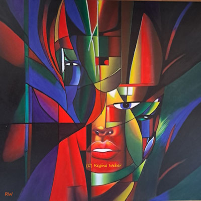 a surreal person rising from darkness, watched by another hidden one - a painting, giving hope