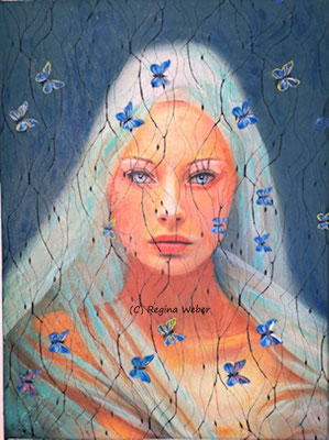 a beauty captured in the net of summer , symbolized by butterflies - acrylics, lace and butterflies on canvas