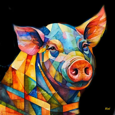 This pig is smiling, because it will not end in a slaughter house, but on your wall - cubism style in vibrant colours