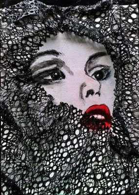 beauty partially hidden by a three dimensional lace fabric