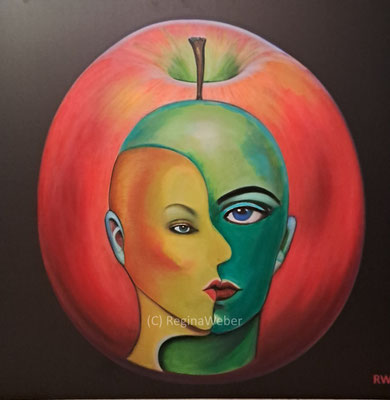 An apple, the symbol of sin and a man and a woman melting together. But can love be a sin? figurative expressionism