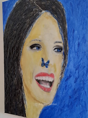 a painting that wants to make you join in her laughter when a butterfly has landed on her nose - epoxy raisin