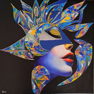 light, colourful thoughts leaving her masked face so that nobody can read her feelings - surrealism