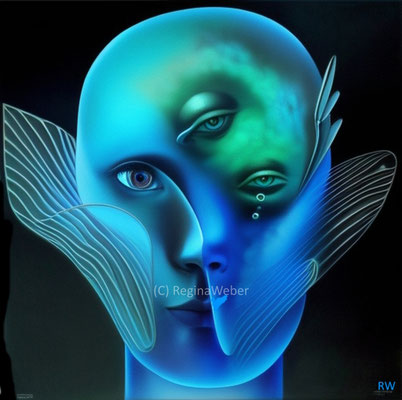 three faces painted into one face - How many people are we? - surreal expressionism