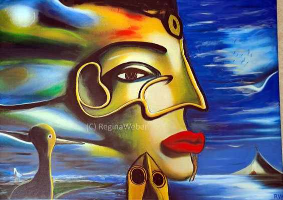 surreal painting. Watch the man hanging on her lips and the other dancing on the small mountain on the right.
