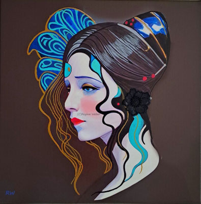 art deco, Jugendstil - beauty blossoming - acrylics and a fabric rose setting her hair