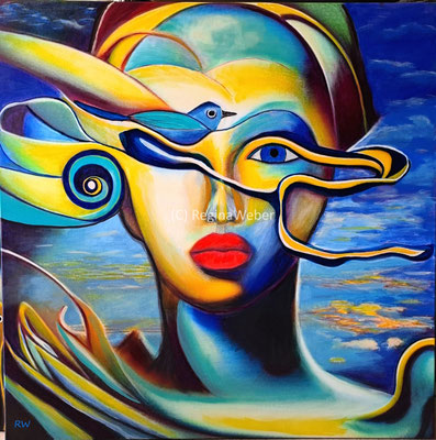 surreal expressionism - thoughts fleeting through her mind - a bird symbolizing the speed