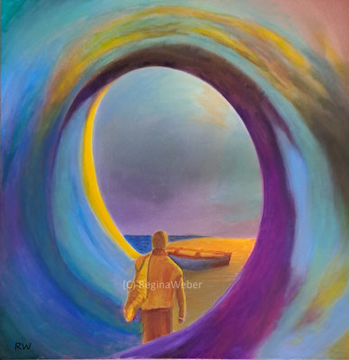 sometimes one wants to escape reality and row away. In order that this man can't escape the painting I took the away the oars