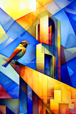 Can you hear the bird singing? a music-box for your home - cubism style in vibrant colours