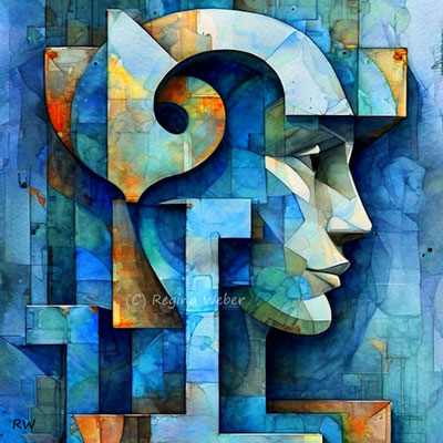 a three-dimensional painting in soft, mostly blue colours painted i cubism style