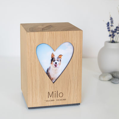Personalisierte Tierurne aus Holz mit Foto, Adhara Herz -  0,5 l = 175,00 €, 1,5 l = 195,00 €, 2,8 l = 215,00 € (Gravur inklusive)