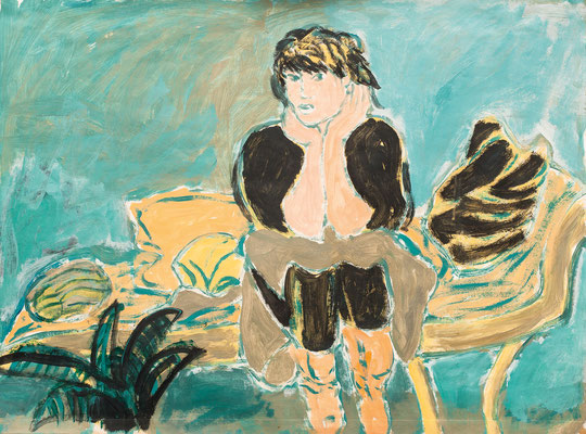 Frau auf Sofa, Acryl auf Packpapier, 58 cm x 77 cm, 1986