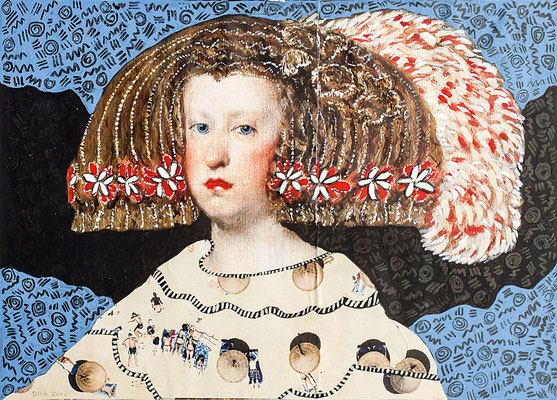 Königin Anna Maria/Velasquez 1652, Kunstdruck mit Acryl übermalt,  23 cm x 32 cm, 2010