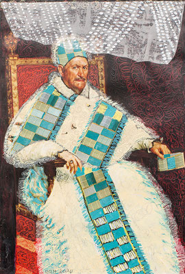 Papst Innozenz X./Velasquez 1599, Collage auf Kunstdruck mit Acryl übermalt, 15,5 cm x 23 cm, 2010
