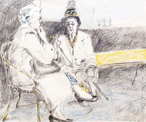 Zwei Damen I im Gespräch,  Bleistift/Buntstift auf Ingrespapier,  22 cm x 30,5 cm,1984