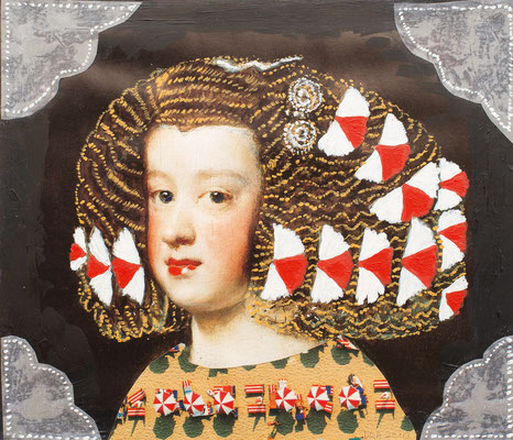 Infantin Anna Maria/Velasquez 1648, Collage auf Kunstdruck mit Acryl übermalt, 15,5 cm x 17,5 cm, 2010