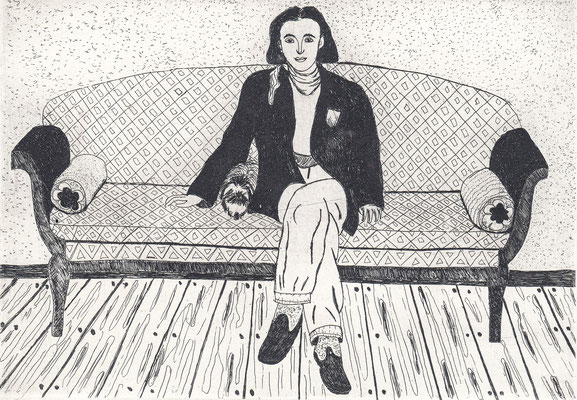 links: Frau auf Sofa, Radierung,  13 cm x 19 cm, 1983