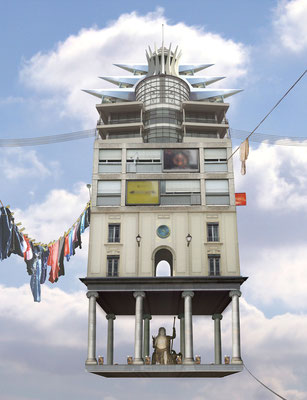 Photo-montage d'un bâtiment à partir de plusieurs morceaux de différents immeubles, à la manière de Laurent Chéhère