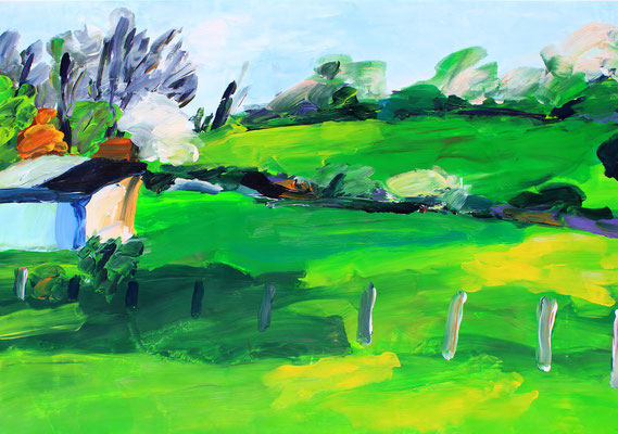 Landschaft mit Scheune (2014). Acryl auf fest Papier 60x80cm