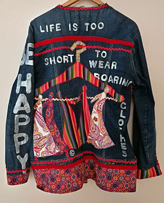 Jeansjacke lang, Modell 19, "be happy - life is too short for boring clothes"