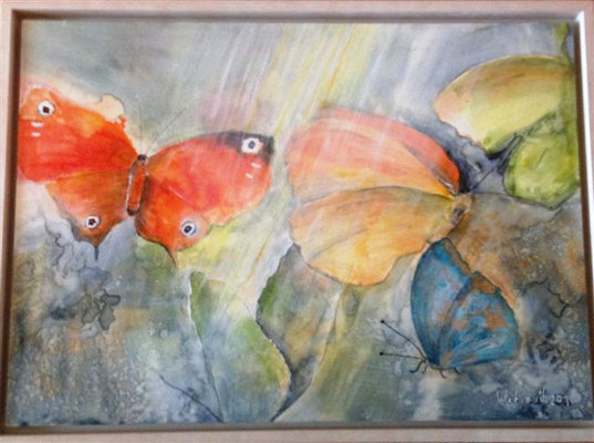Schmetterlinge auf Holzplatte, Aquarell- Acrylmischtechnik, 75x55