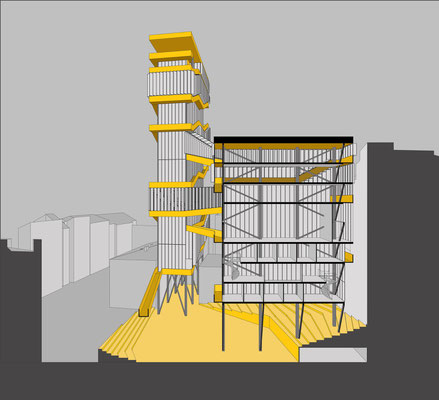 Perspective section architectural drawing. A conceptual highrise building with spaces for artists in Linz, Austria. Hochhaus in Linz, Innenstadt. 