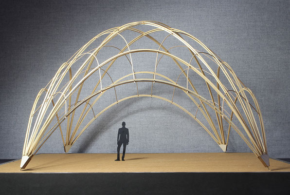 Model photo. Design of a bamboo pavilion structure for the Base Habitat Summerschool of Kunstuniversität Linz. Structural architectural model of the bamboo dome.