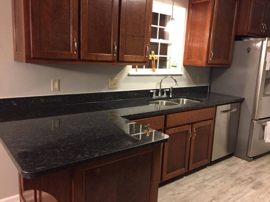  Kitchen Cabinets (after countertops) Cherry Recessed panels Sherwin Williams Classic Cherry Stain Medium Rub Lacquer Finish