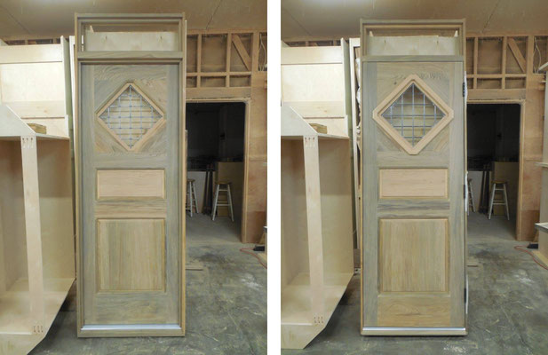 Custom Exterior Door w/ decorative window & top glass (front & back shown) Sinker Cypress Unfinished