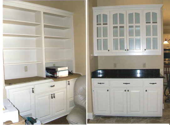 Left - Built in Media Unit. Right - Built in Butlers Pantry  *Cabinets painted by customer/contractor