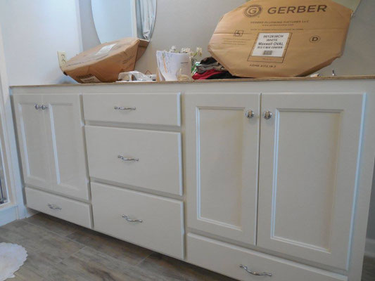  Bathroom Cabinets Painted Recessed Panels Sherwin Williams Pro Classic Pure White  Medium Rub Lacquer Finish