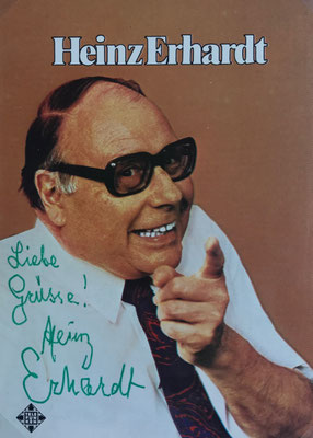 Heinz Erhardt, signierte Telefunken Autogrammkarte (nach Schlaganfall)