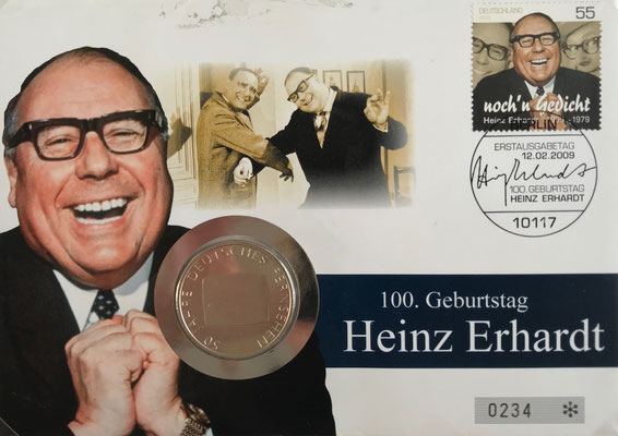 Numisbrief Heinz Erhardt, mit Ersttagsstempel und 10 Euro Münze "50 Jahre Deutsches Fernsehen", Motiv "Schelm"