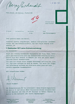 Druckbrief Horst Klemmer über Exklusivvertretung von Heinz Erhardt an Kunden
