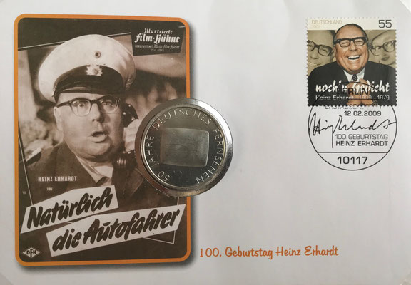 Numisbrief Heinz Erhardt, mit Ersttagsstempel und 10 Euro Münze "50 Jahre Deutsches Fernsehen", Motiv "Natürlich die Autofahrer"