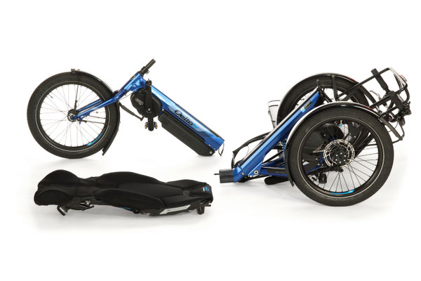 Zum Transport lässt sich der E-Chopper minutenschnell platzsparend in drei Teile zerlegen ©HP Velotechnik