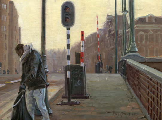 Gemeentewerker op de Nieuwe Amstelbrug II. Olieverf op doek. 30 x 40 cm