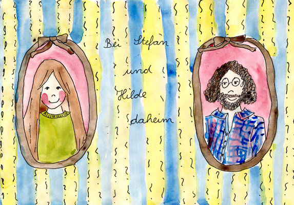 Das sind Hilde und Stefan. Hilde hat ganz lange braune Haare und rote Backen. Die hat sie immer, auch wenn sie krank ist und eigentlich blass aussehen müsste. Stefan hat viele braune Locken und einige lustige Brille.